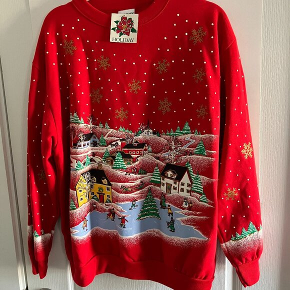 Vintage New with Tags Christmas Sweatshirt Size Large Holiday Town Scene. - Picture 1 of 9